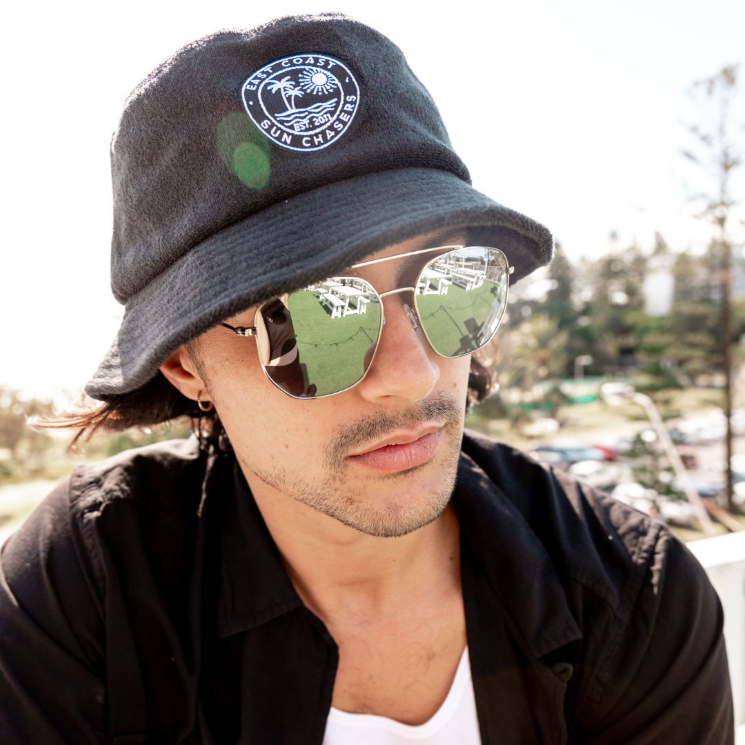 SIN Sun Chasers Black Bucket Hat on a male model