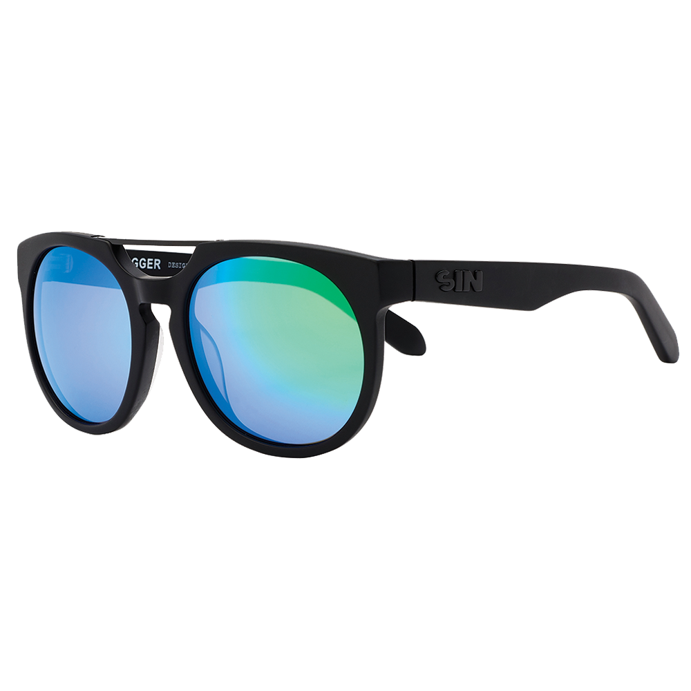 SWAGGER Polarised Round Mirrored Sunglasses with Black Frame and Green Lens front left view