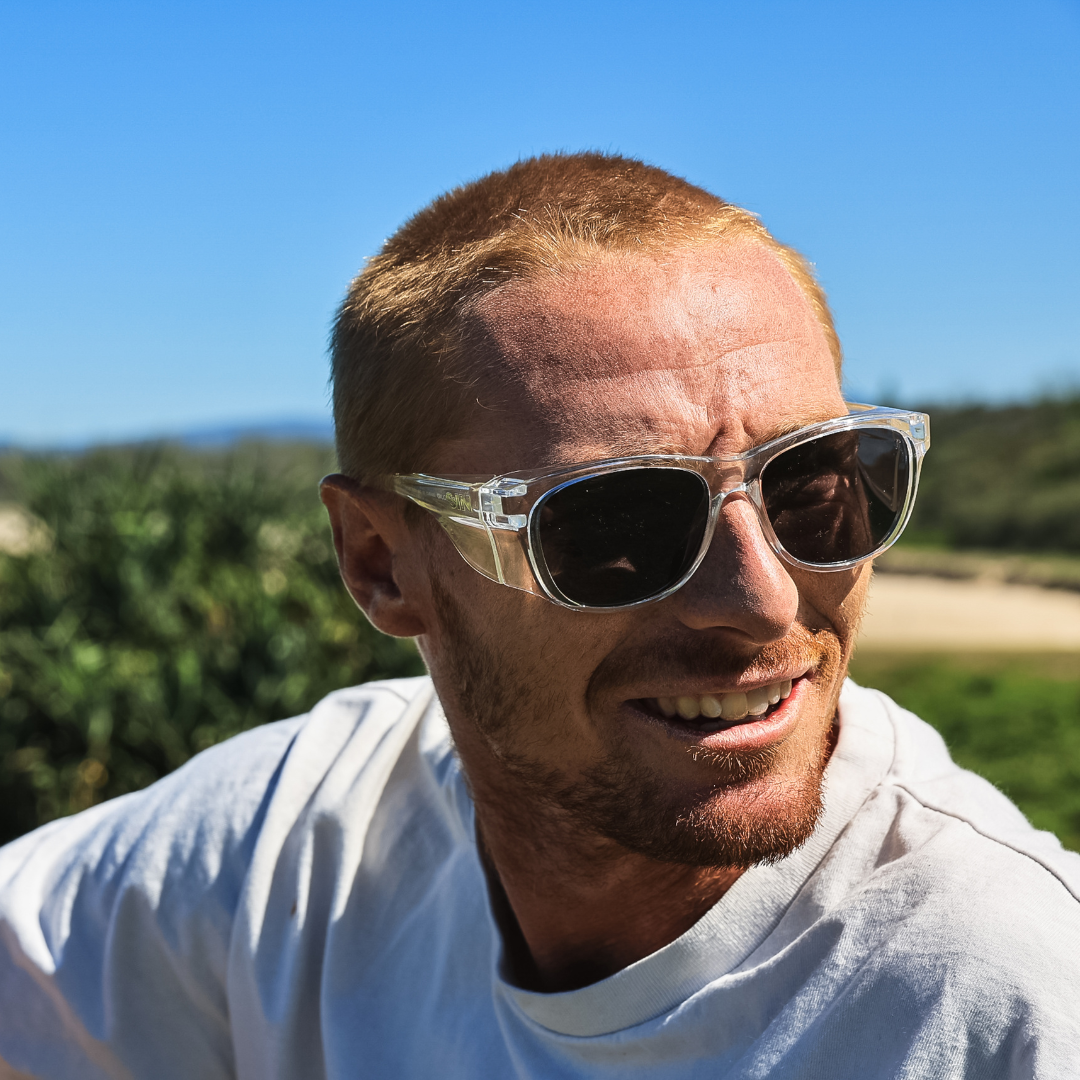 Safe & Sound Clear Wrap Around Safety Sunglasses Medium Impact Resistant on a Male Tradie