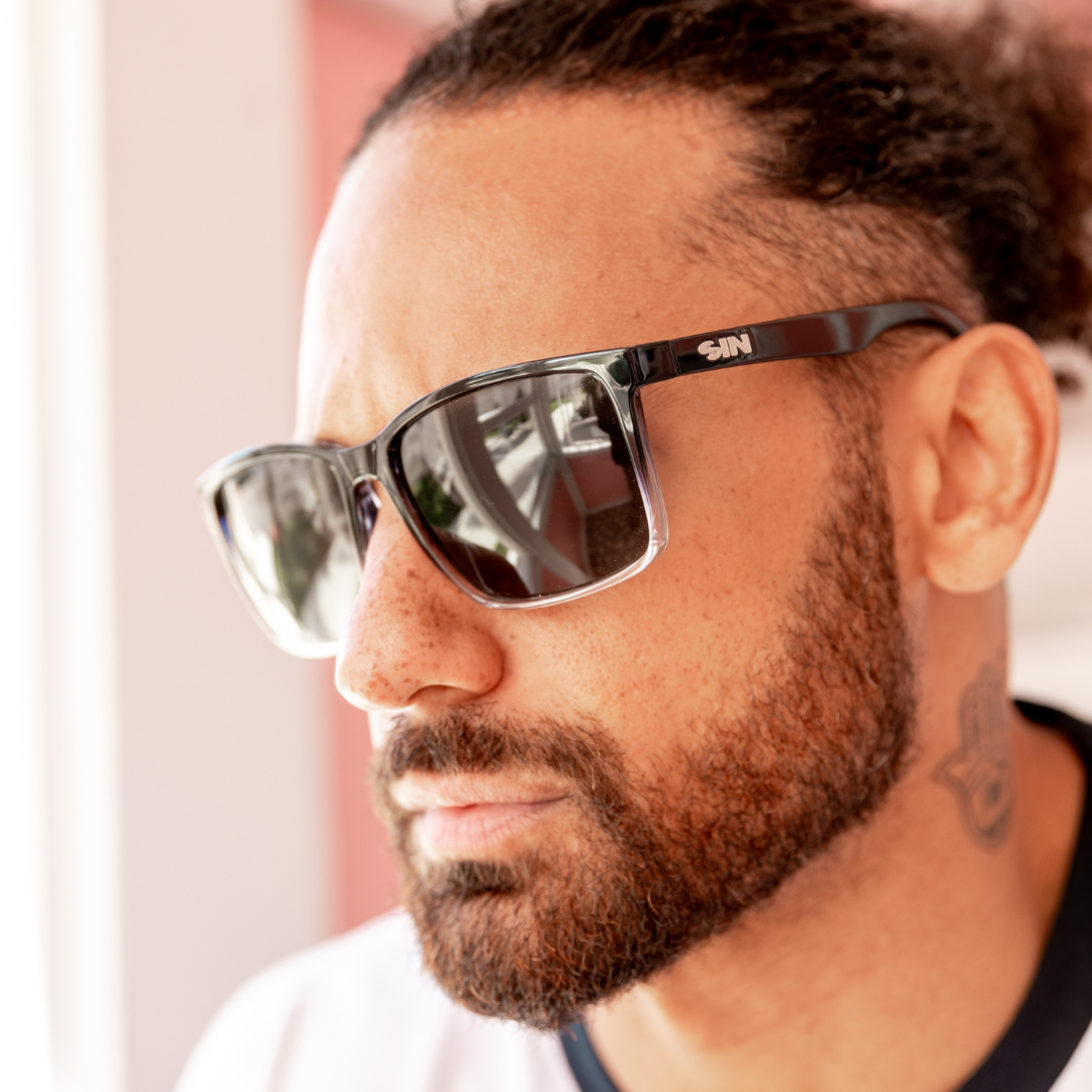 Skylark Polarised Black Rectangle Sunglasses on a male model