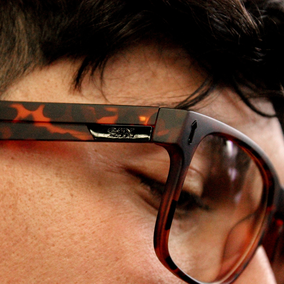 Spartan Tortoise Shell Rectangle Blue Light Glasses close up on a male model