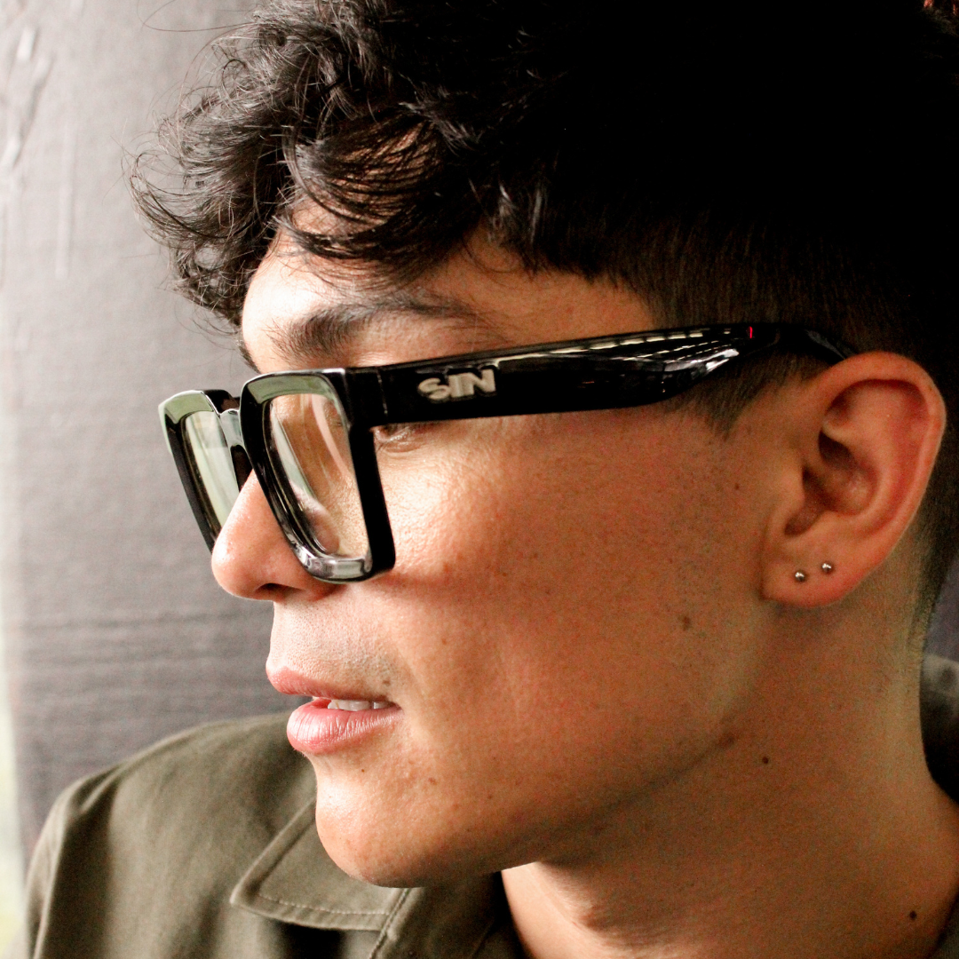 Topshelf Black Square Blue Light Glasses side view on a male model