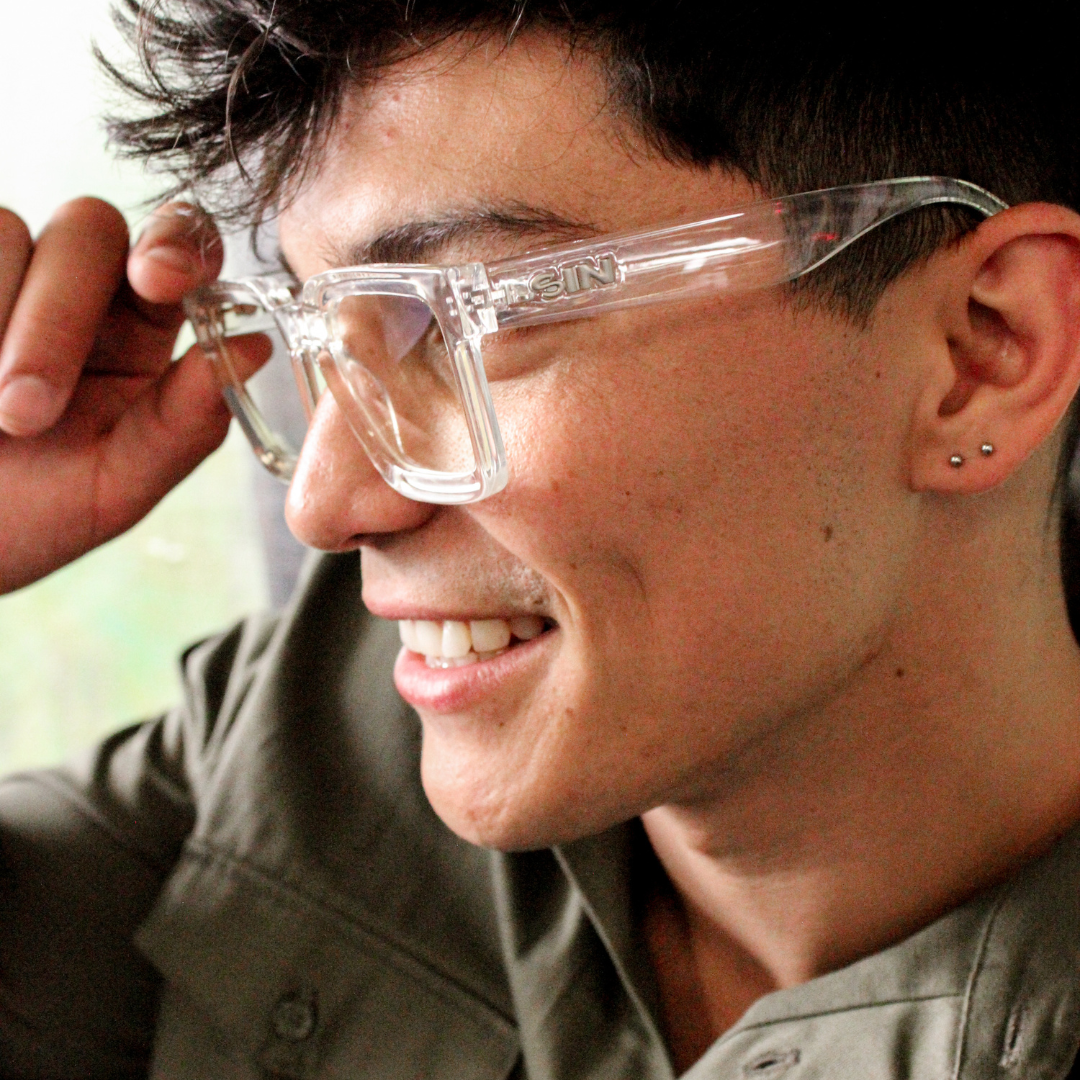 Topshelf Clear Frame Square Blue Light Glasses side view on a male model