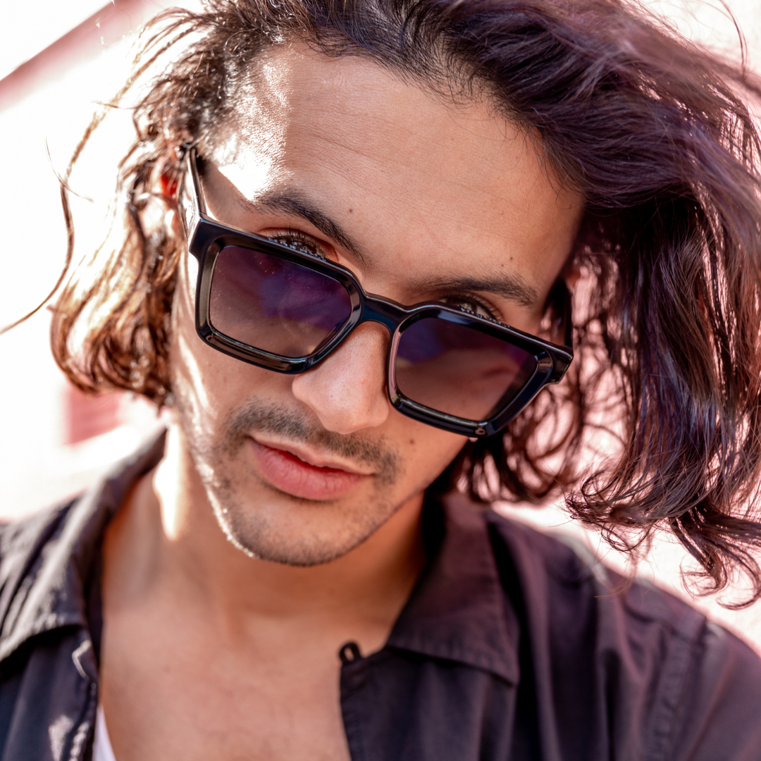Topshelf Polarised Black Square Sunglasses on a male model