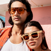 Topshelf Polarised Square Sunglasses with Cream Frame close up on a female model