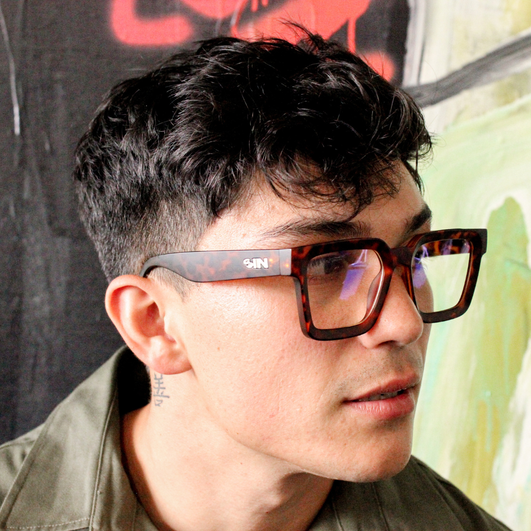 Topshelf Tortoise Shell Square Blue Light Glasses side view on a male model
